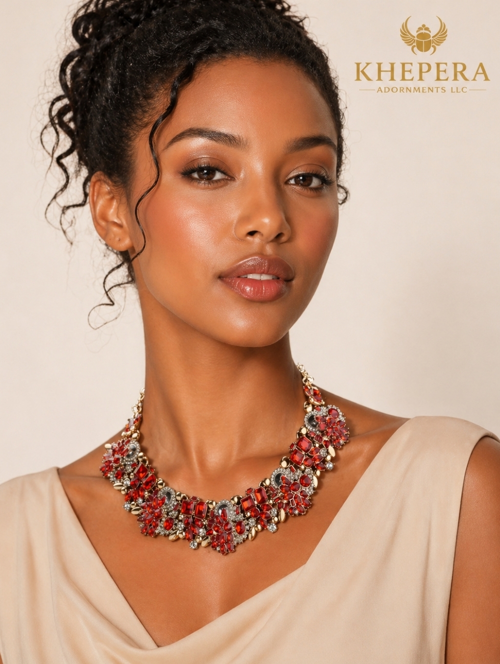 Bold Red Crystal Statement Necklace Gold Tone Bib Necklace Chunky Elegant Dressy